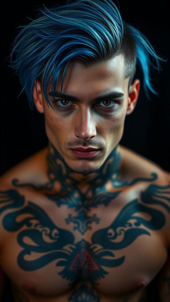 Moody Portrait of a Tattooed Man with Vibrant Two-Tone Hair