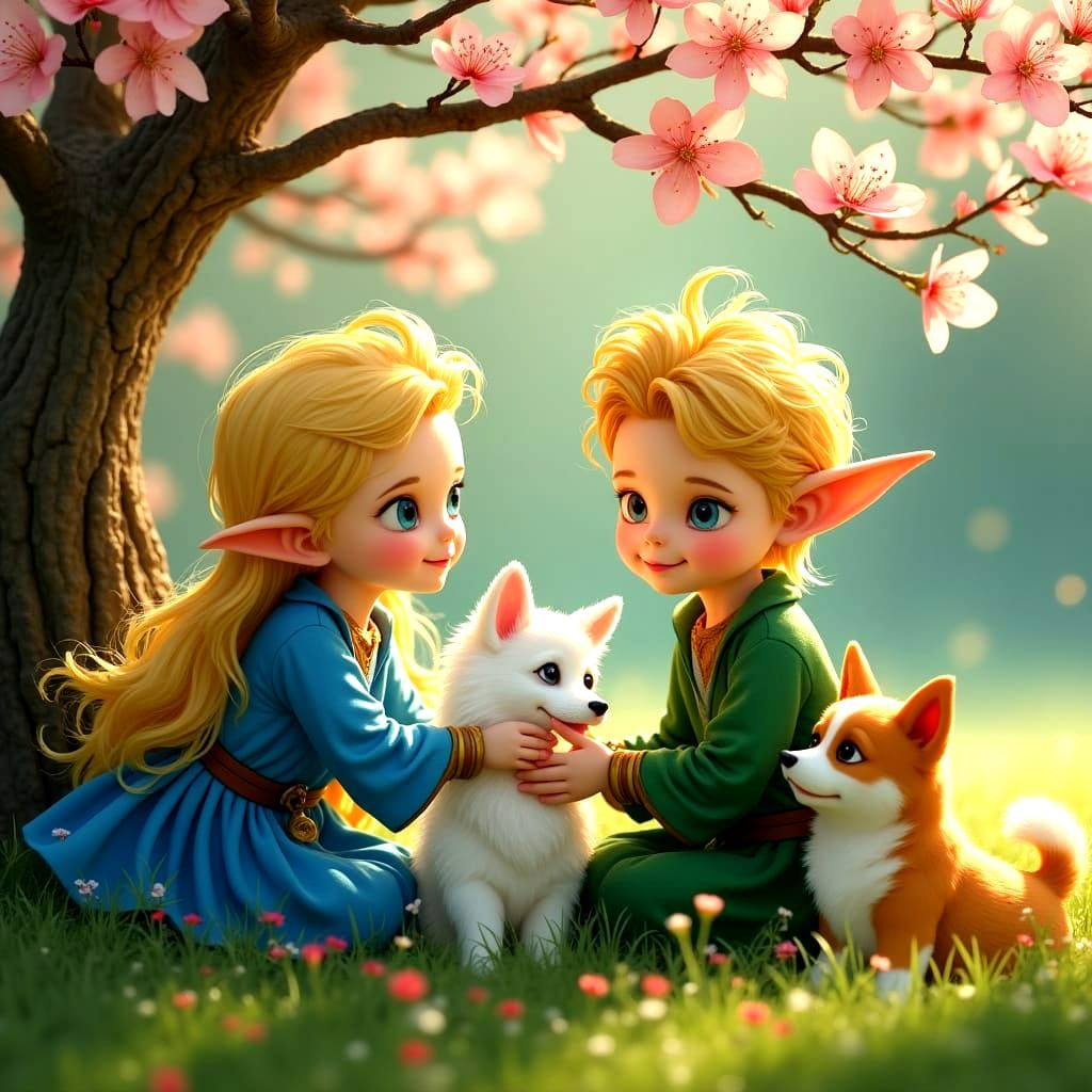 Elegant Blond Elves Play with Dogs Under a Blooming Tree