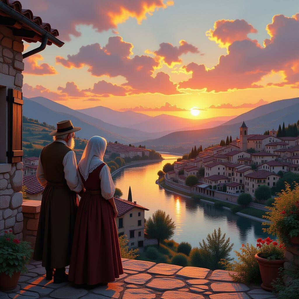 Italian Village Sunset in Digital Matte Painting Style