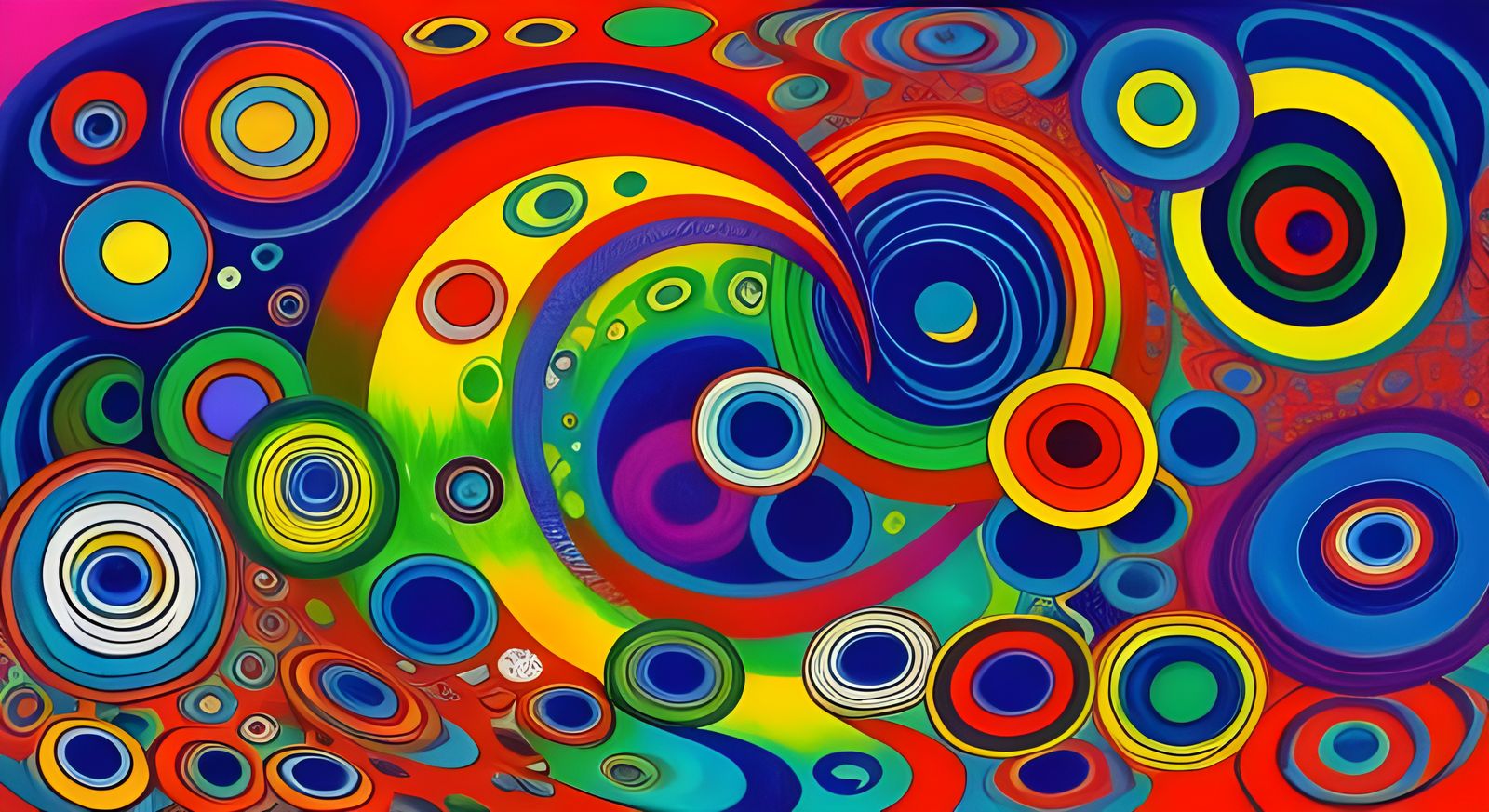 Vibrant Psychedelic Garden with Geometric Shapes and River