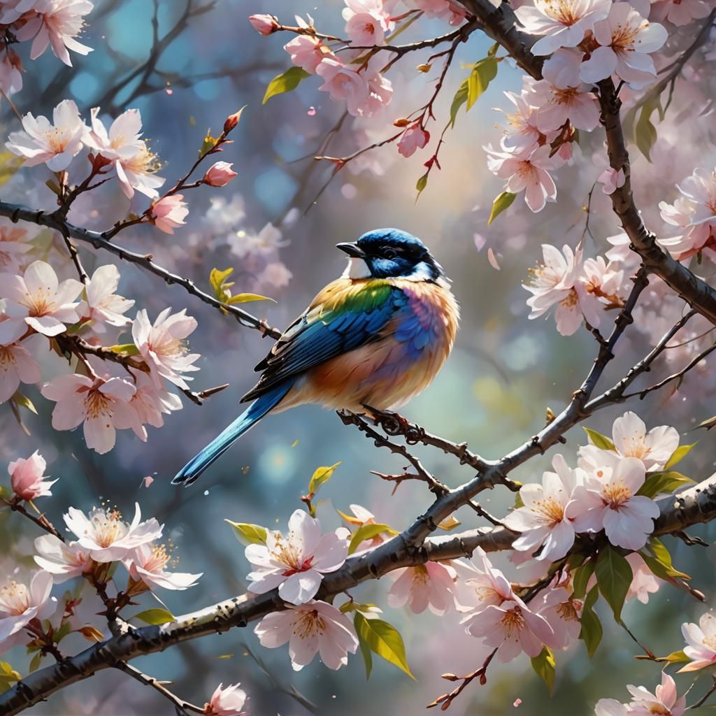 Bird on Blossoming Tree in Magic Realism Style