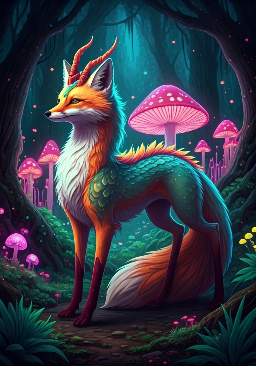 Mystical Fox Kirin in Fluorescent Cyberpunk Forest