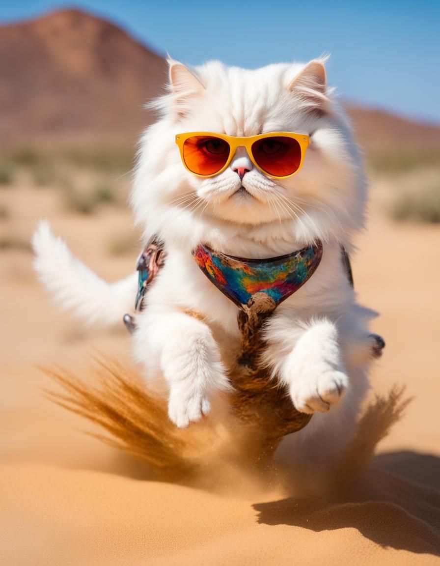 White fluffy Persian cat wearing sunglasses