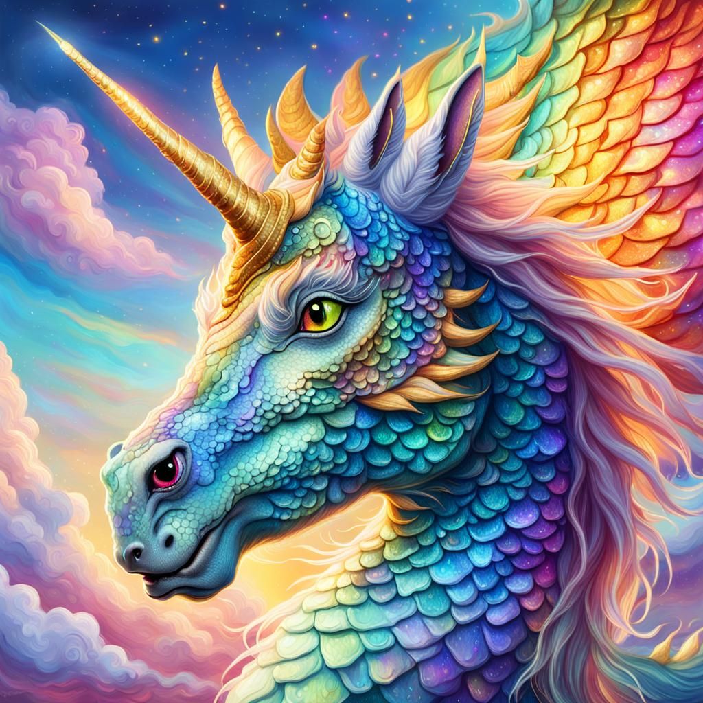 Dragon Unicorn Portrait in Whimsical Illustration Style