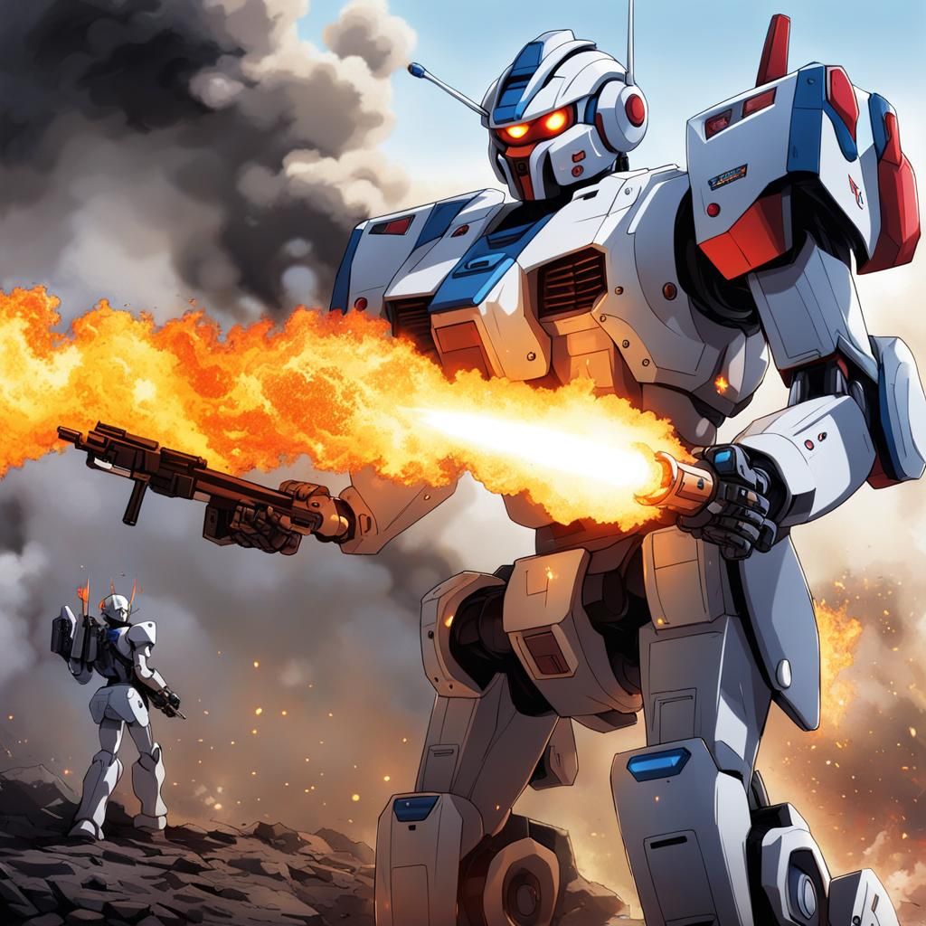 Gundam Robot with Flamethrower in Anime Style