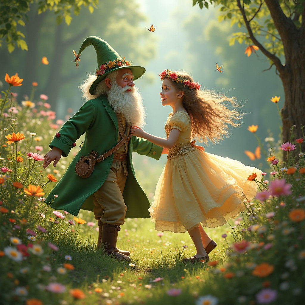 Girl and Tom Bombadil Dancing in Whimsical Garden