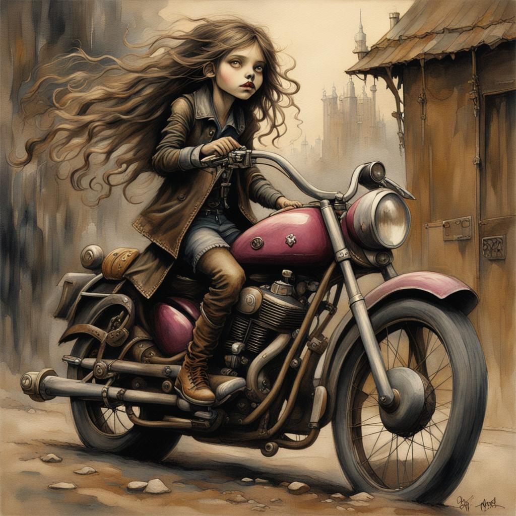 Rocker Girl on Motorcycle in Dark Fantasy Style