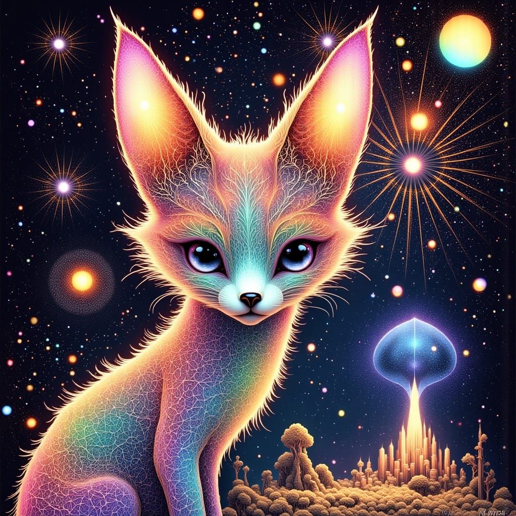 Surrealistic Portrait of a Fox in a Dreamlike, Bioluminescen...