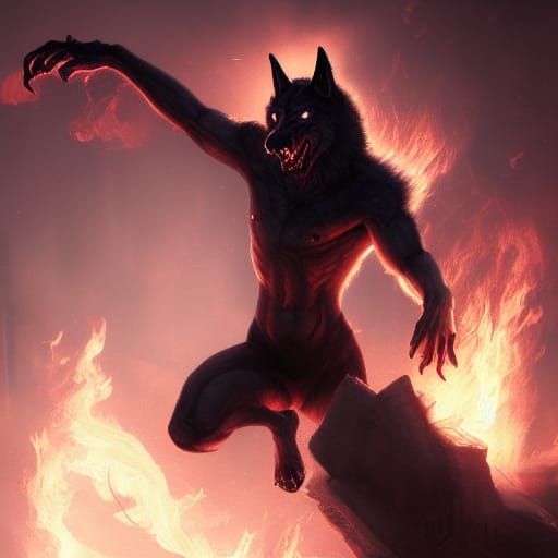 Albino Werewolf Anubis in Flames: Dark Fantasy Art