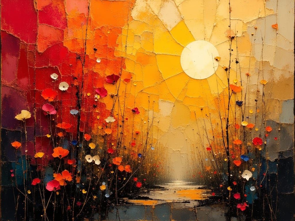Fractal Flowers and Sun Over Paris Street at Sunset
