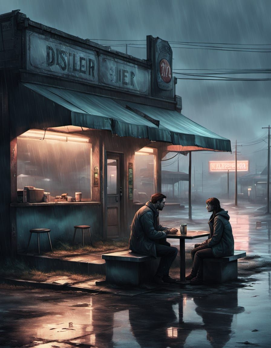Post-Apocalyptic Couple on Diner Curb at Sunrise