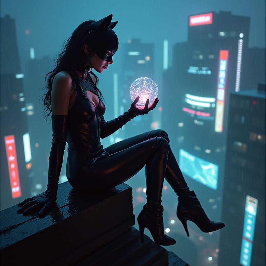 Cyberpunk Catwoman Reigns Over Neo-Tokyo Skyscrapers