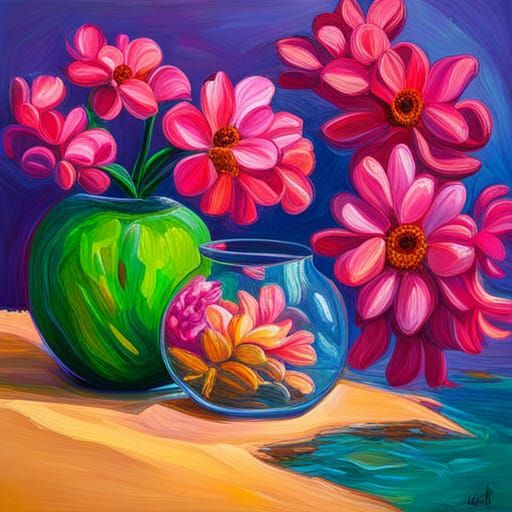 Tropical Flowers in Glass Apple: Synthwave Neo-Impressionism