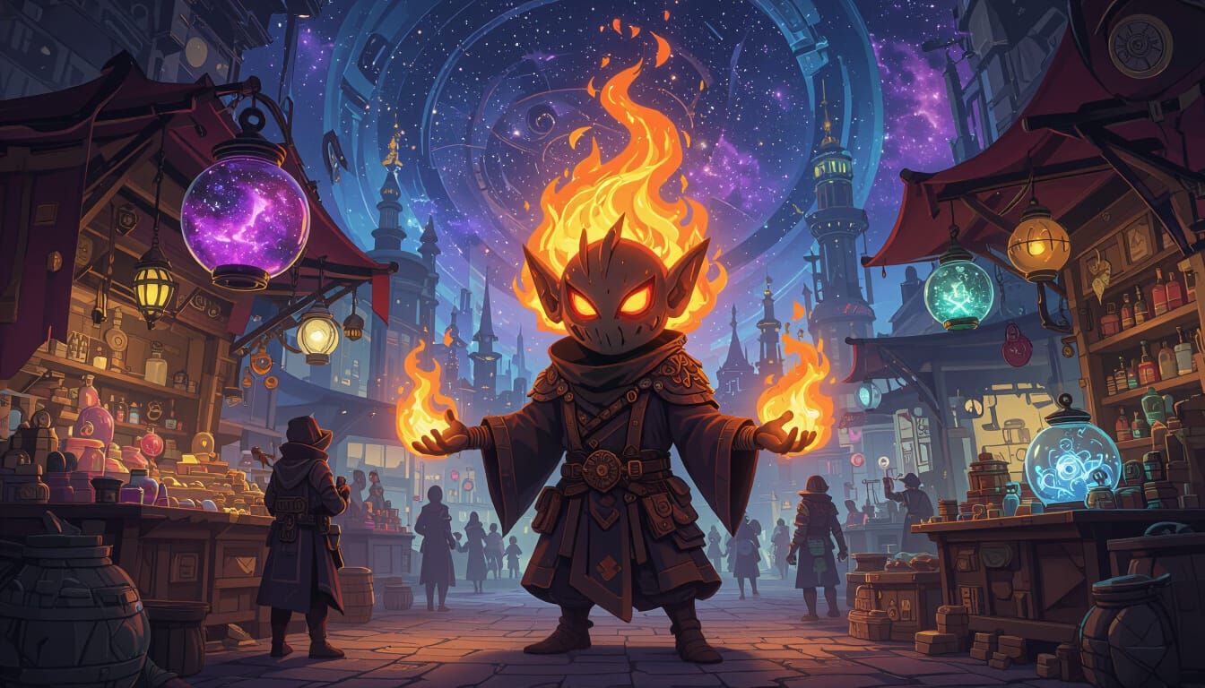 Fire Elemental Bazaar in Microgravity, Hyperdetailed Pixel A...