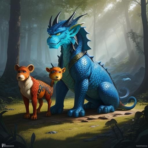 Dragon-Lego Hybrid in Magical Woods, Oil Painting