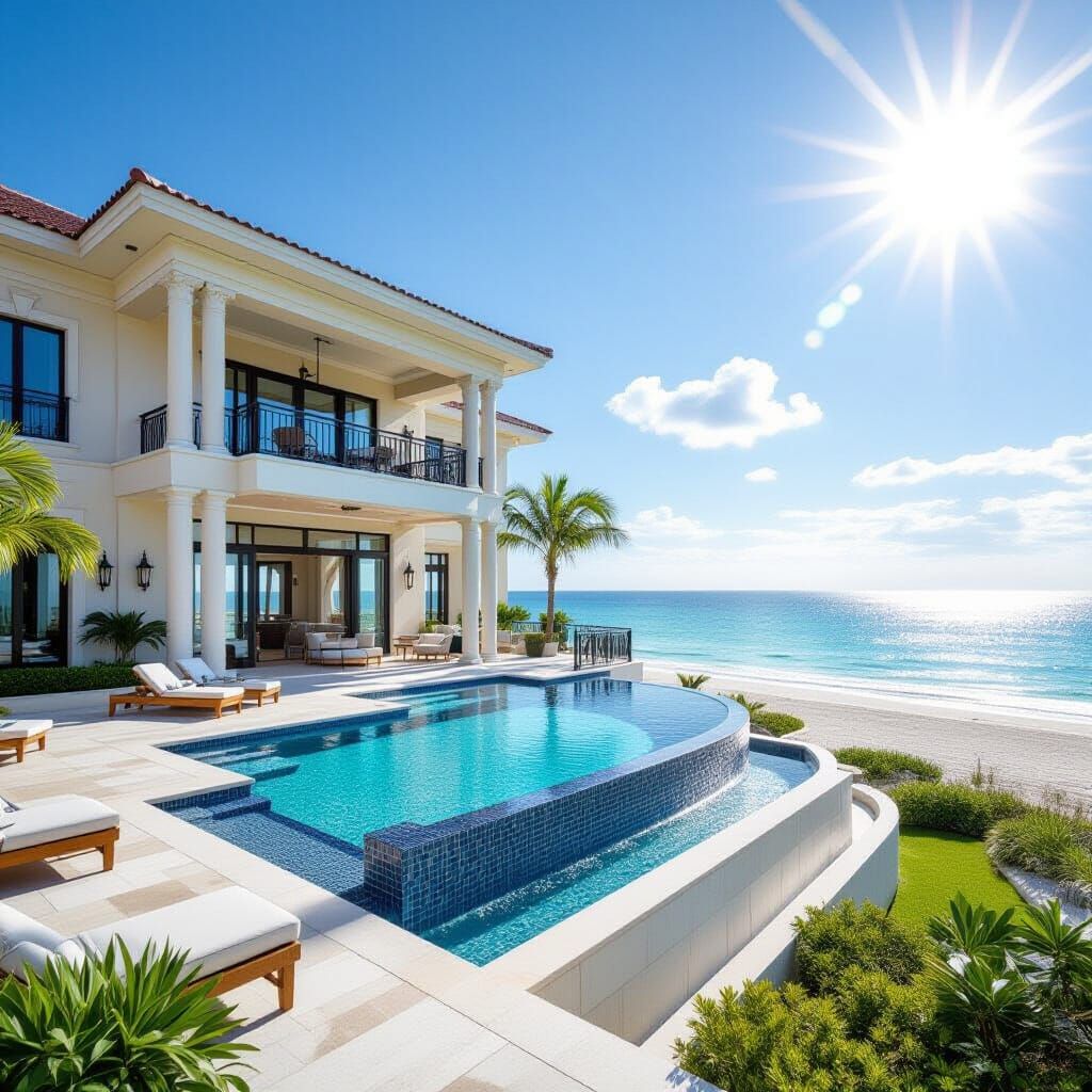 Luxury Beach Mansion with Infinite Pool on Sunny Day