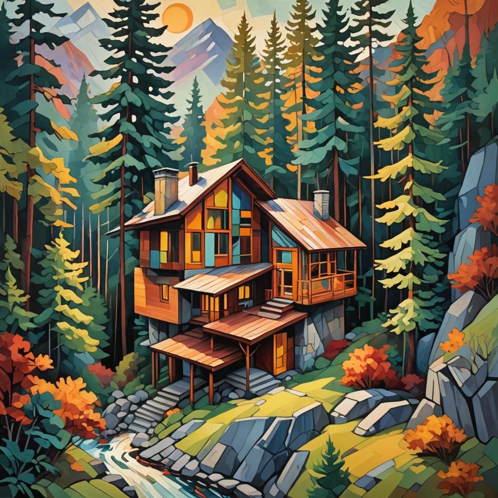 Cubist Mountain Cabin with Geometric Fauvist Elements