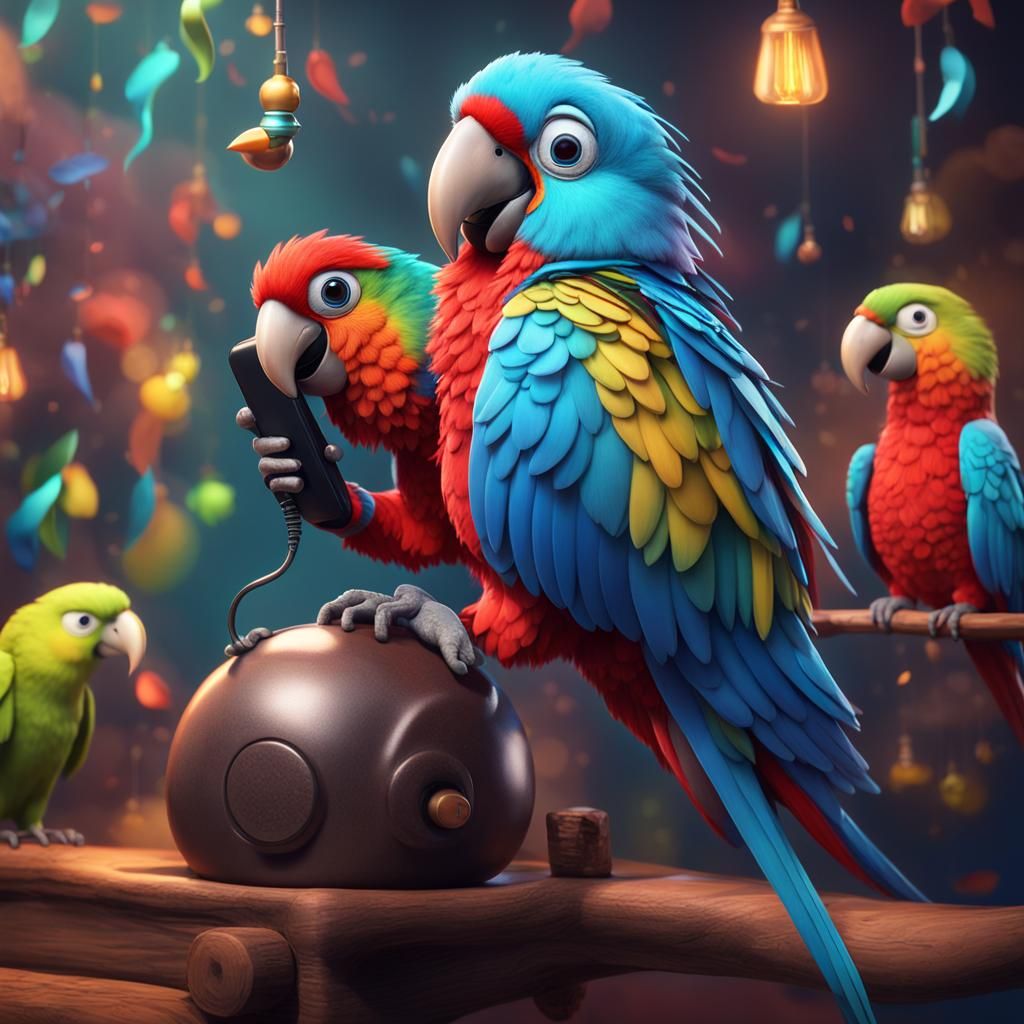 Parrot Phone Call: Pixar-Style 3D Digital Art