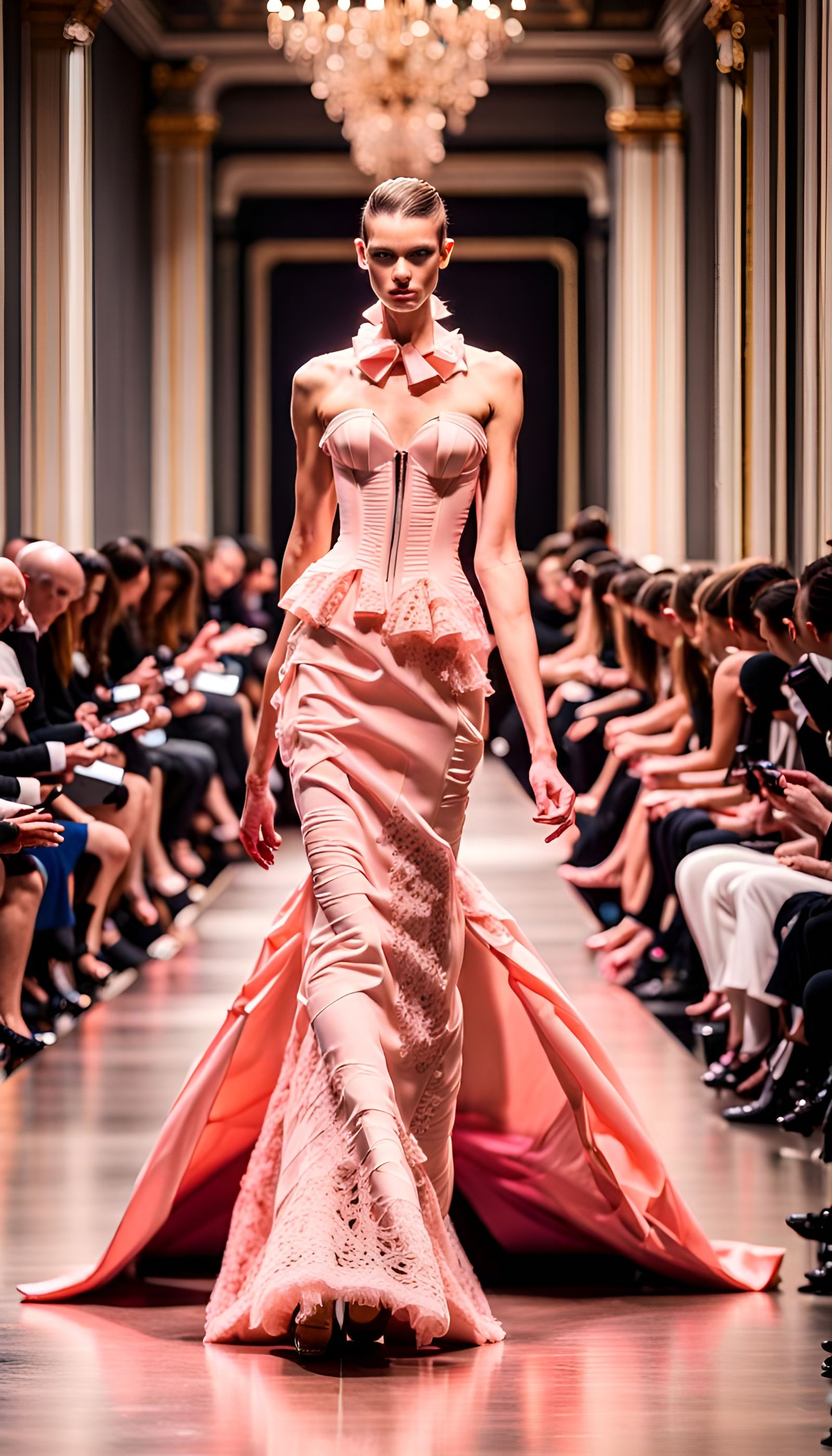 High Couture Model in Peach-Colored Gown