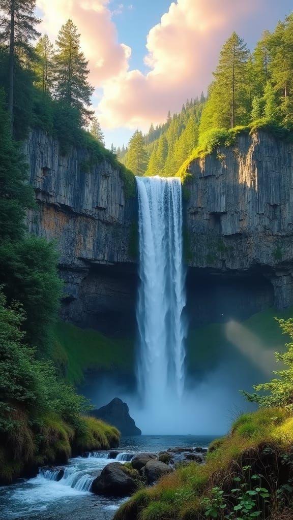 Majestic Waterfall Cascades Down Rocky Cliff