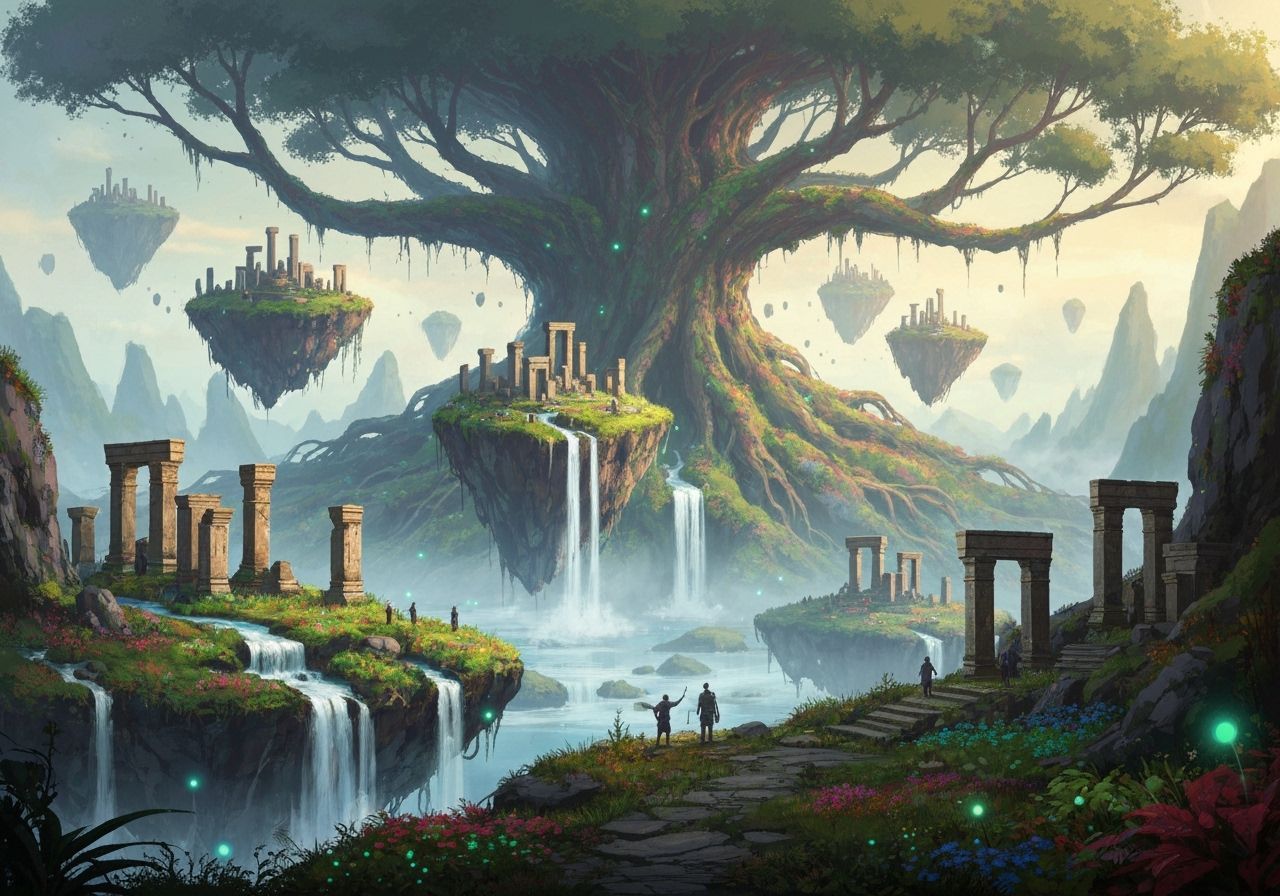 World Tree Ruins with Floating Islands in Oil Paint