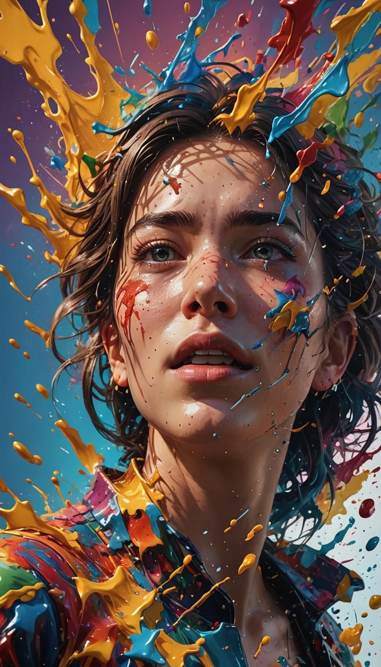Hyperrealistic Face About to Burst: Splash Art