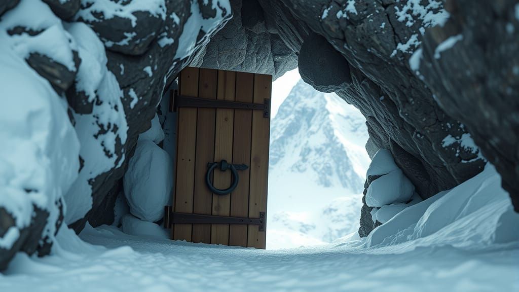 Mysterious Doorway Hidden in Snowy Mountain Cave
