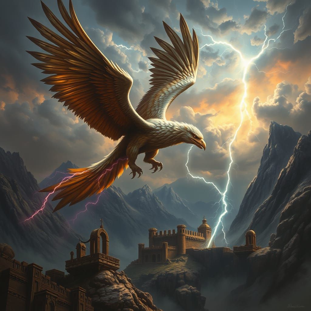 Griffin Soaring Through Stormy Sky in Fantasy Style
