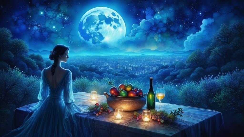 Captivating Woman's Secret Rendezvous Under Moonlit Sky