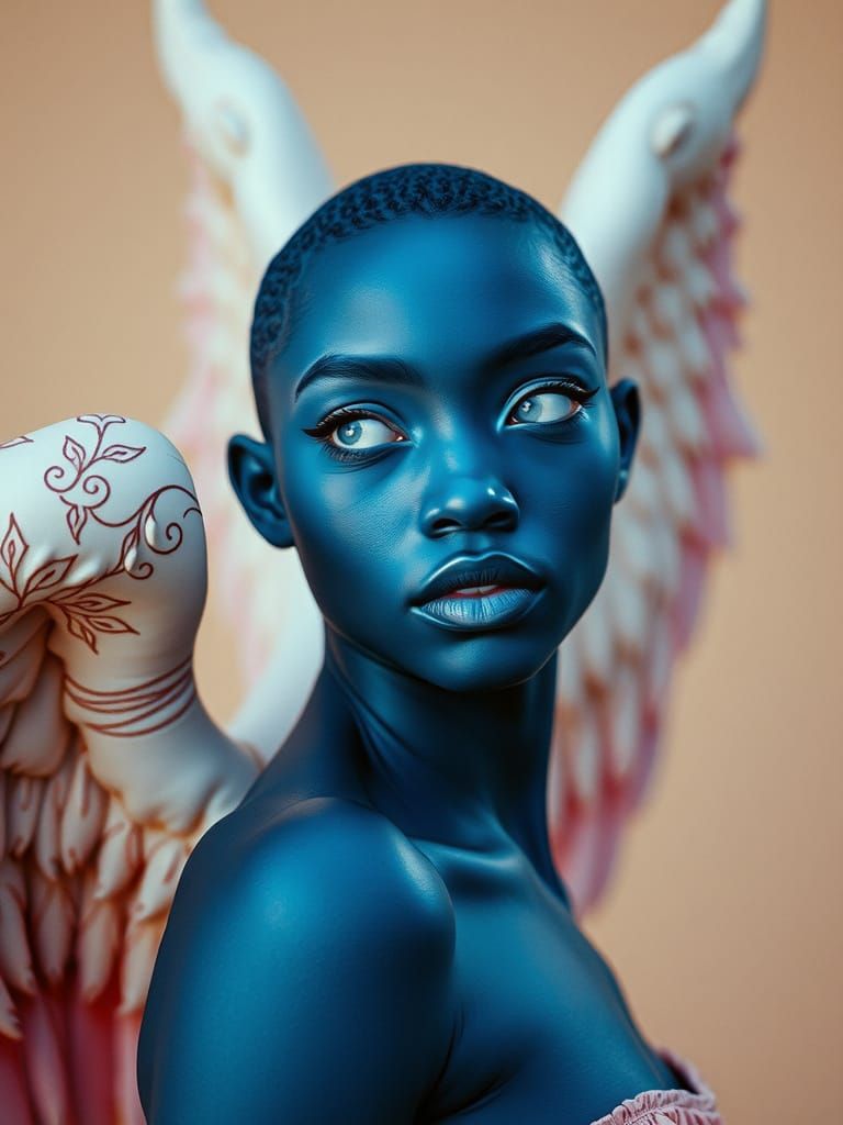 Blue-Skinned Afrocentric Angel in Medium Format Photography