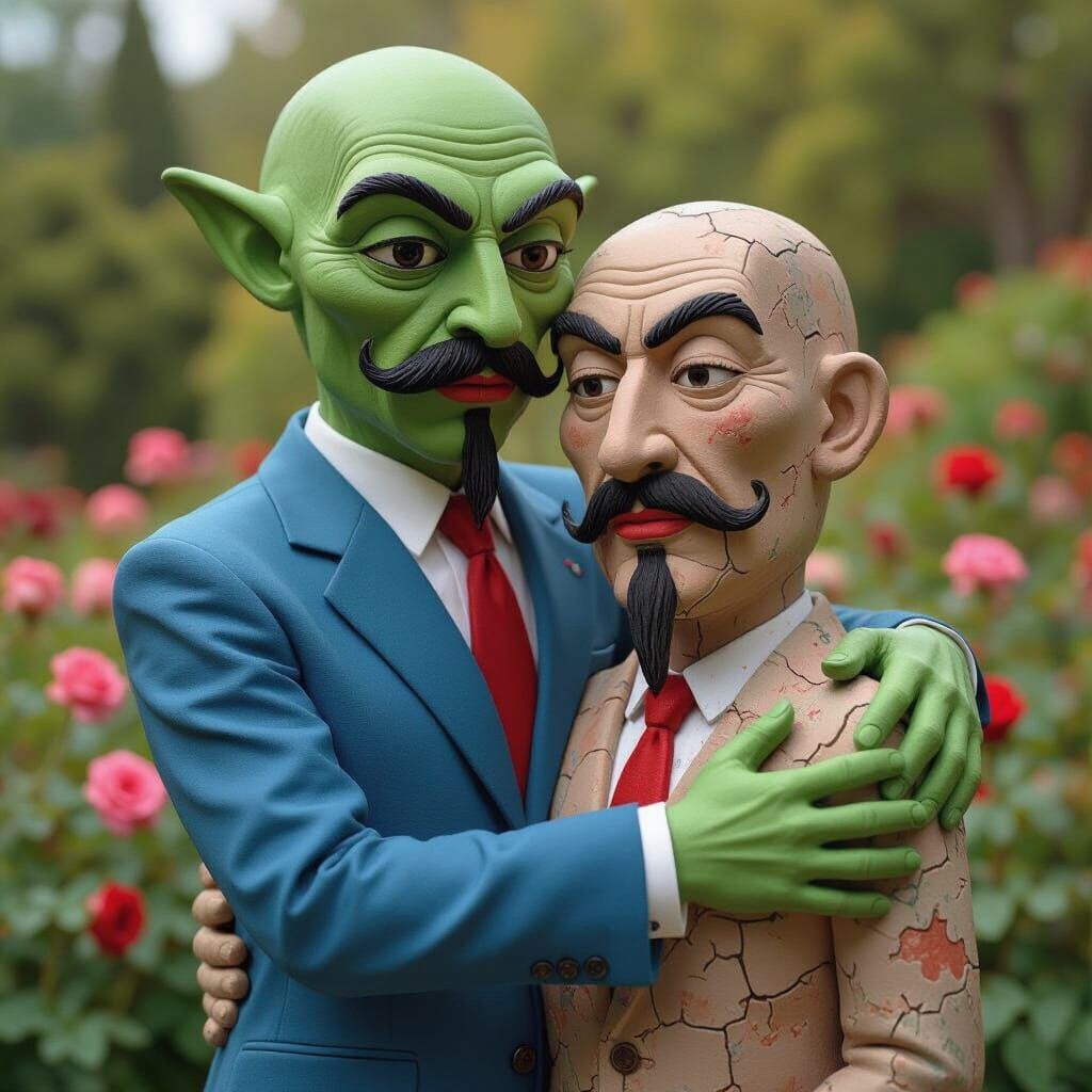 Alien Embraces Statue in Rose Garden, Glitch Art