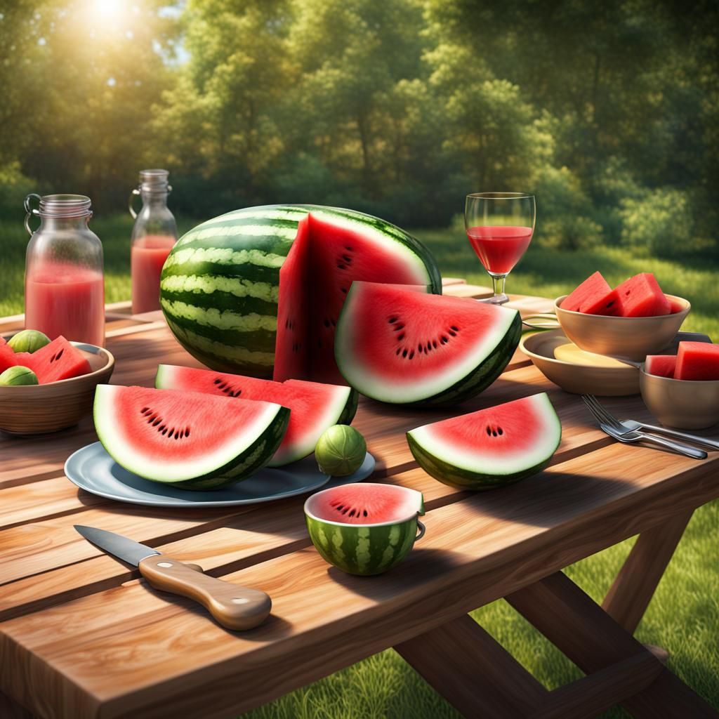 Watermelon Slices in Garden: Realistic Digital Art