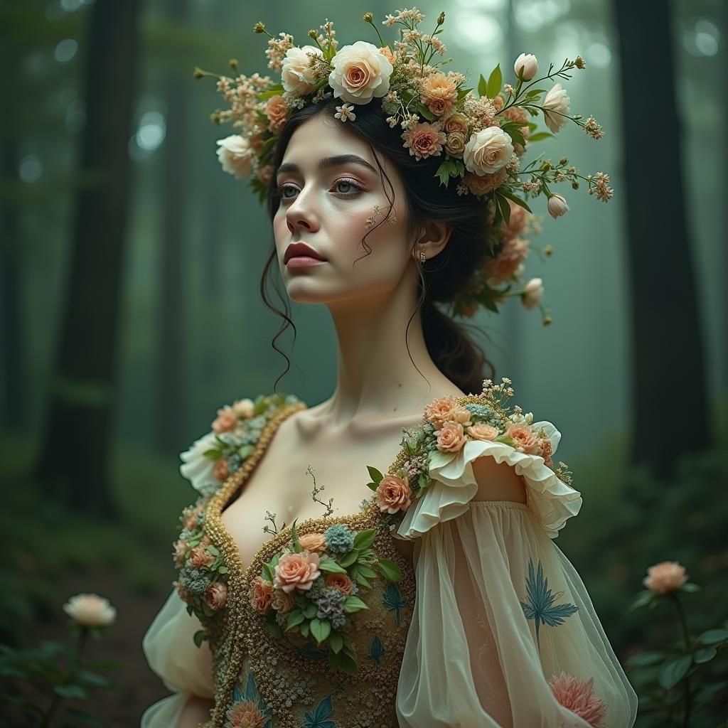 Ethereal Forest Spirit in Dreamlike Gown