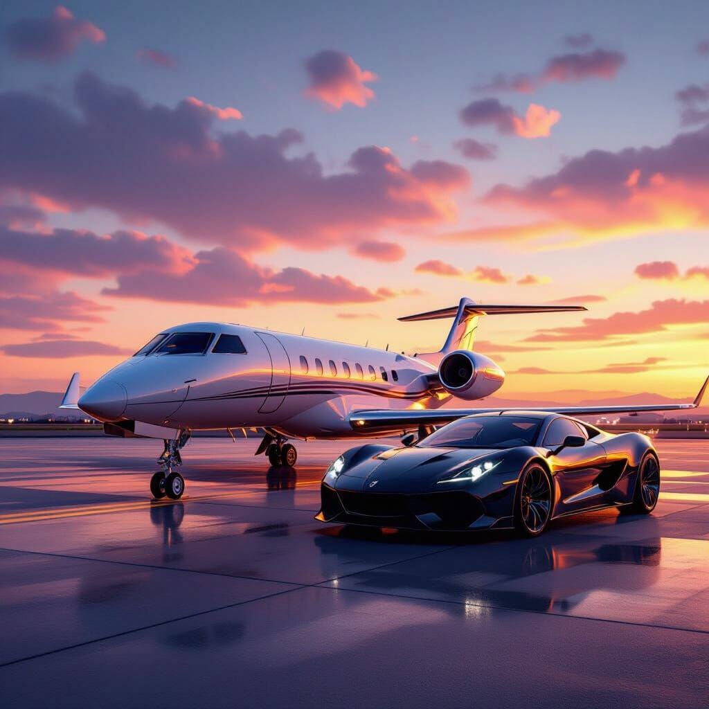 Private Jet and Luxury Car at Sunset