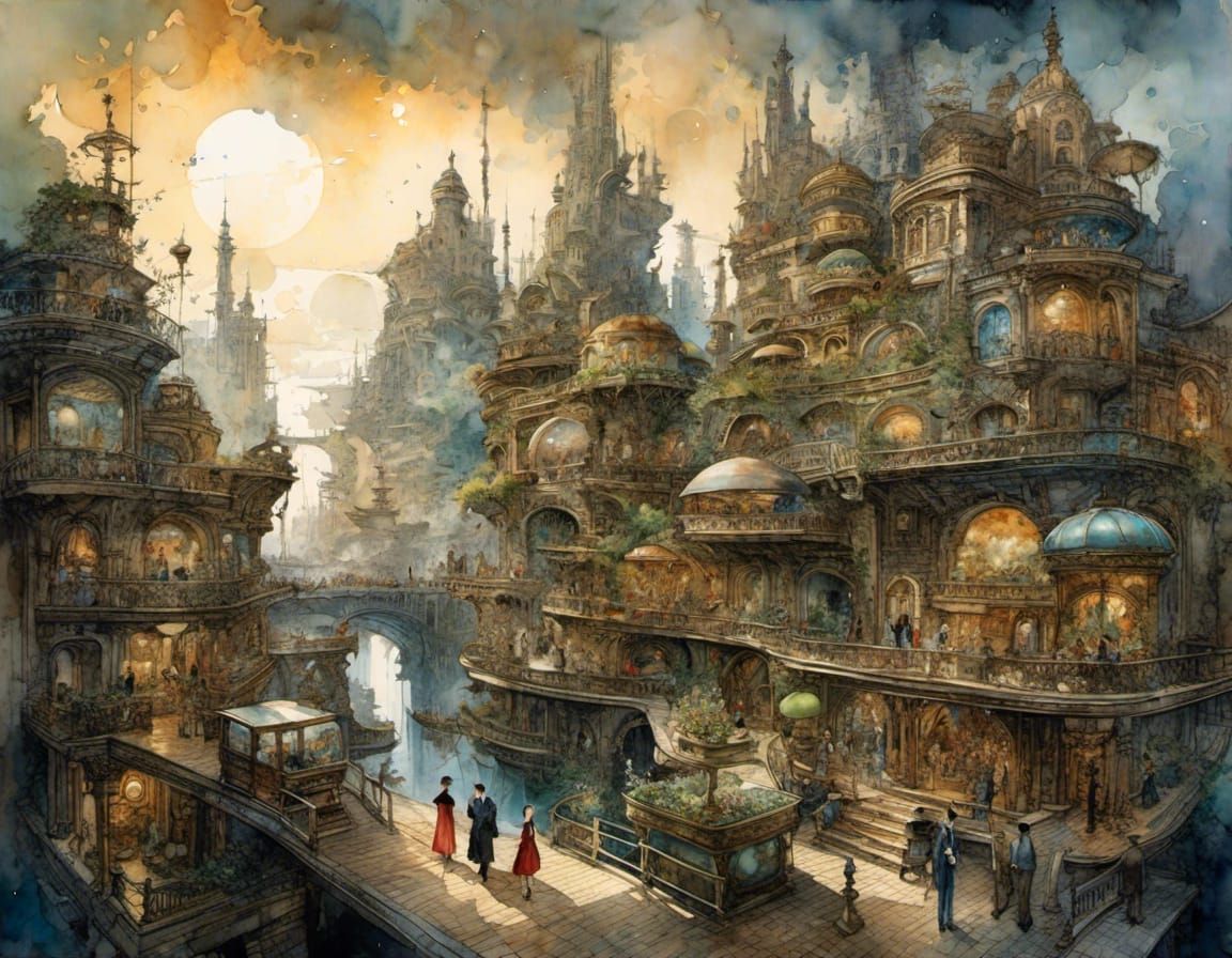 Pop Surrealist Utopia: A Watercolor Cityscape
