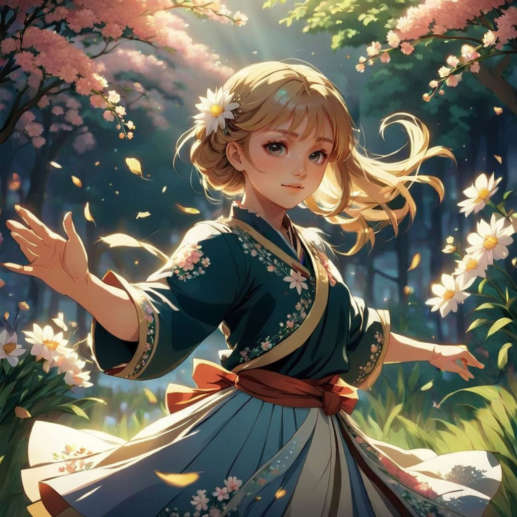 Manga-Inspired Girl Dancing in a Floral Wonderland