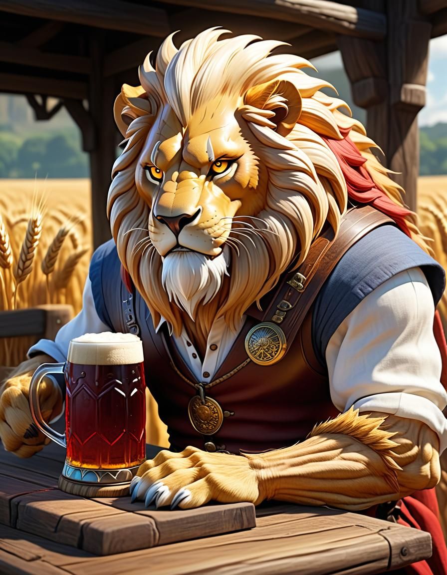 Lion drinking beer