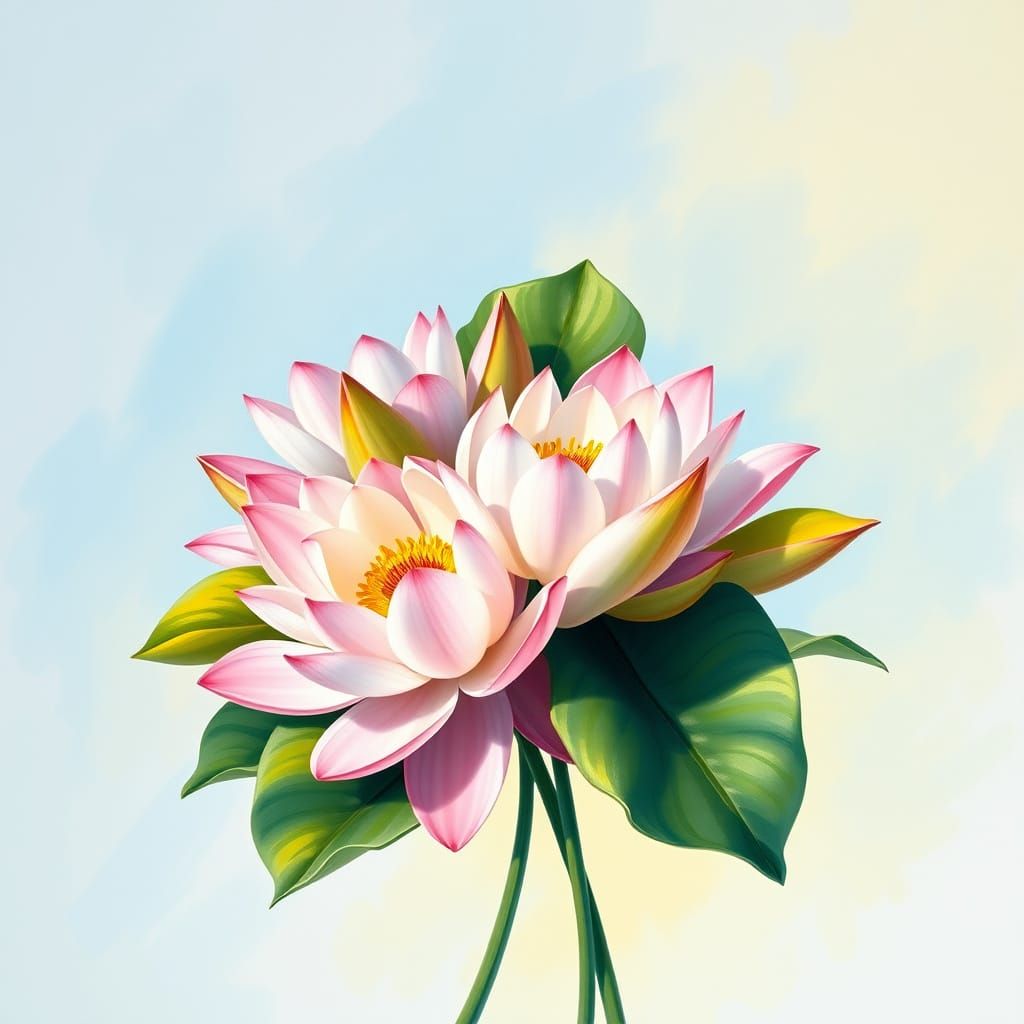 Beautiful bouquet of lotus flowers in the style of oil painting, with delicate pastel strokes on a plain background. The...