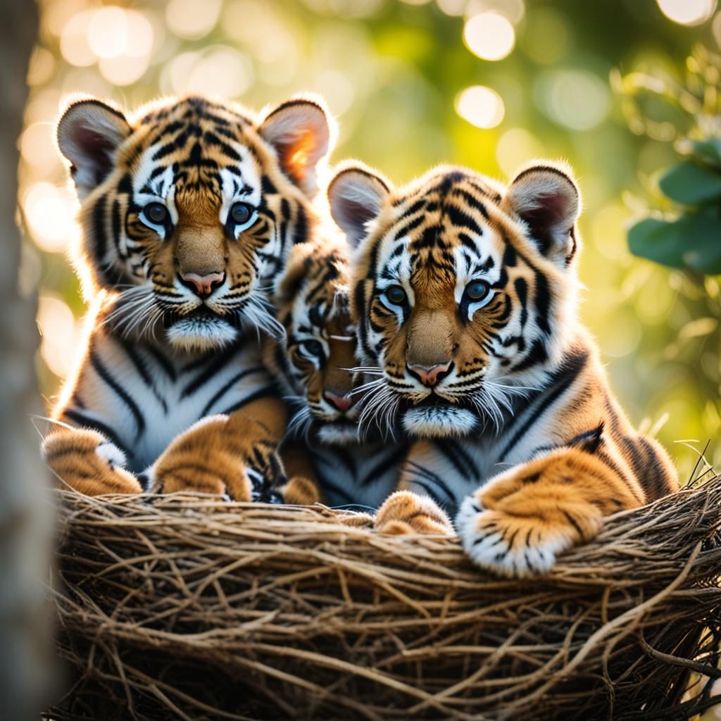 Three Baby Tigers Snuggled in a Nest