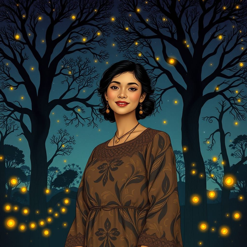 Malay Woman in Firefly Field: An Art Nouveau Vision