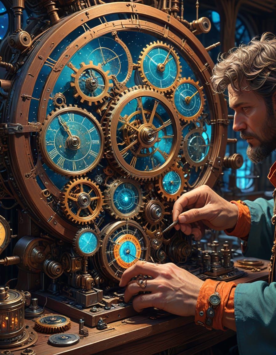 Celestial Clockmaker's Stardust Workshop: Digital Art