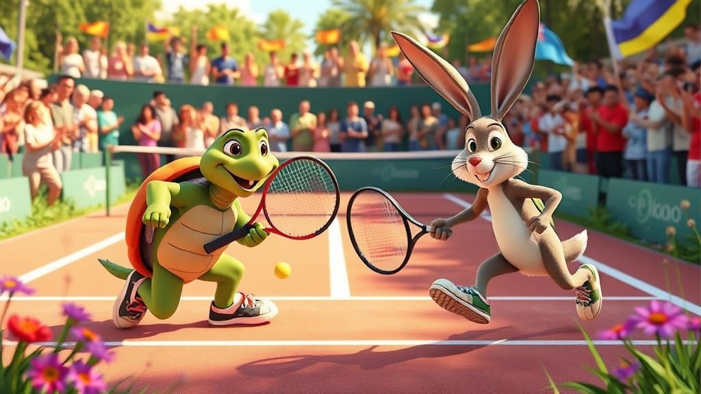 Tortoise vs Hare Tennis Match in 3D Animation
