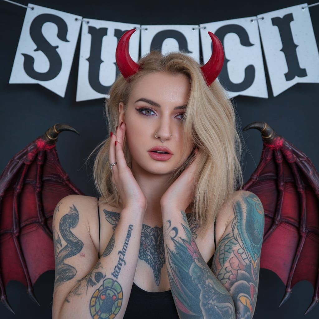 Blonde Woman with Devil Horns and Colorful Tattoos