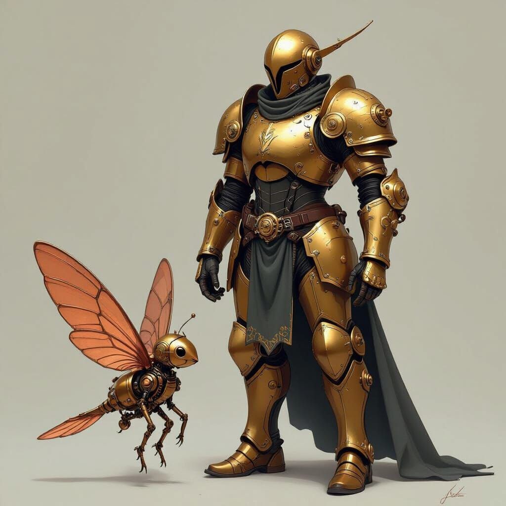 Steampunk Knight and Mechanical Companion in Industrial Futu...