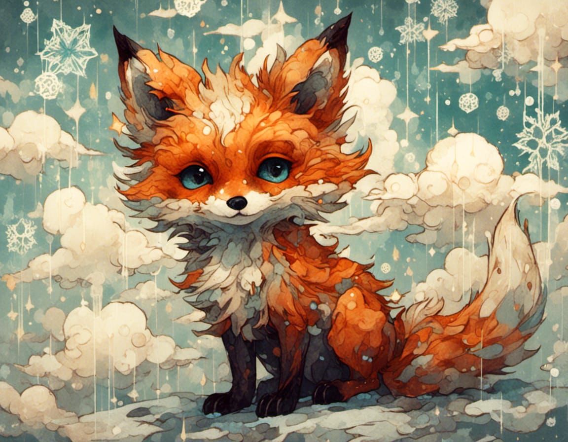 Cloudy Chibi Fox in Gouache Style