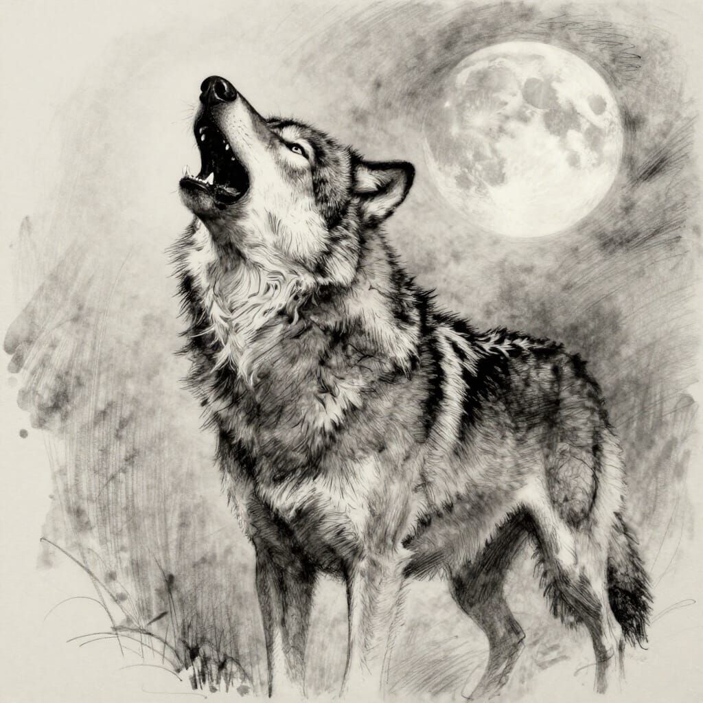 Lone Wolf Howling at Moon Charcoal Sketch