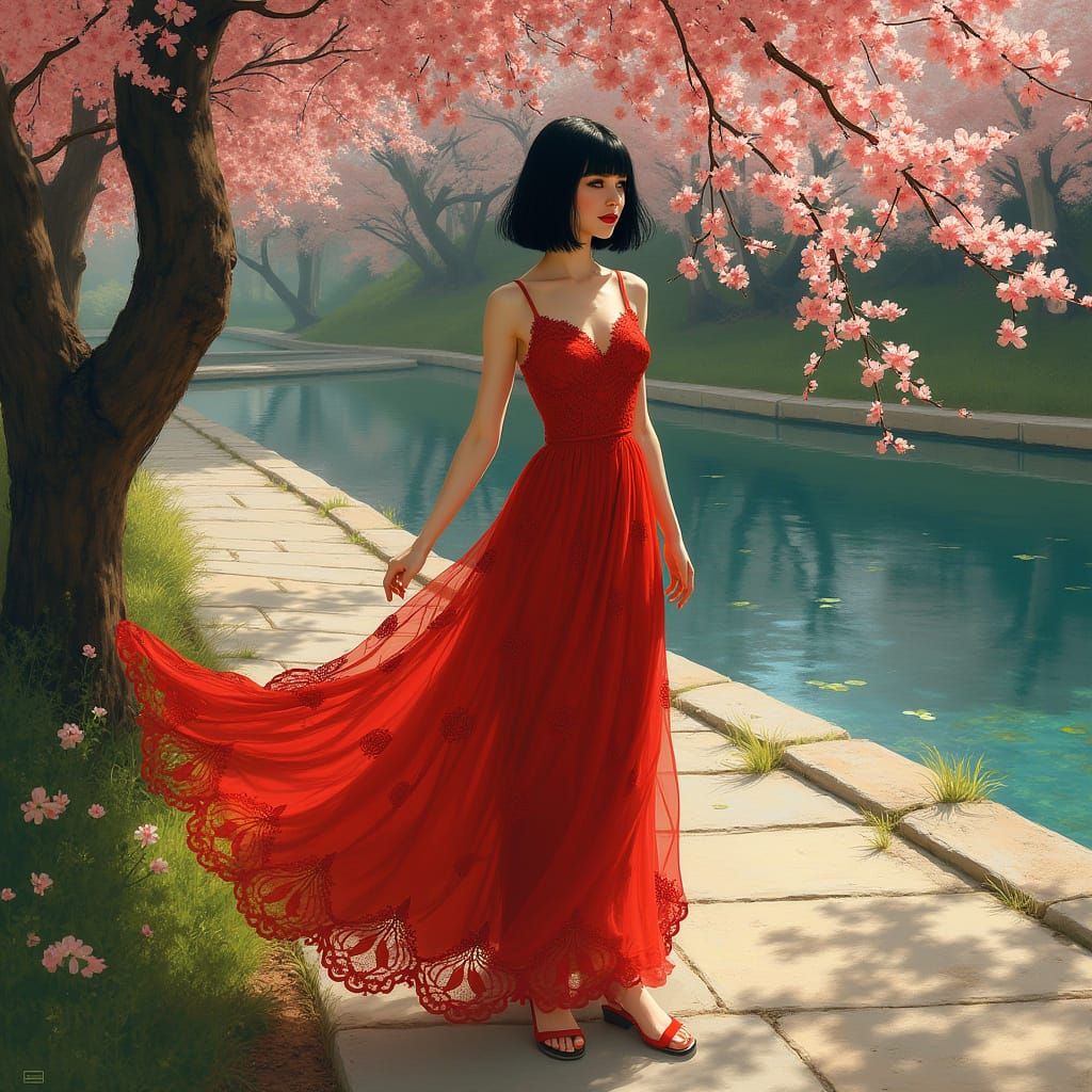 Art Nouveau Woman in Red Dress by Cherry Blossoms