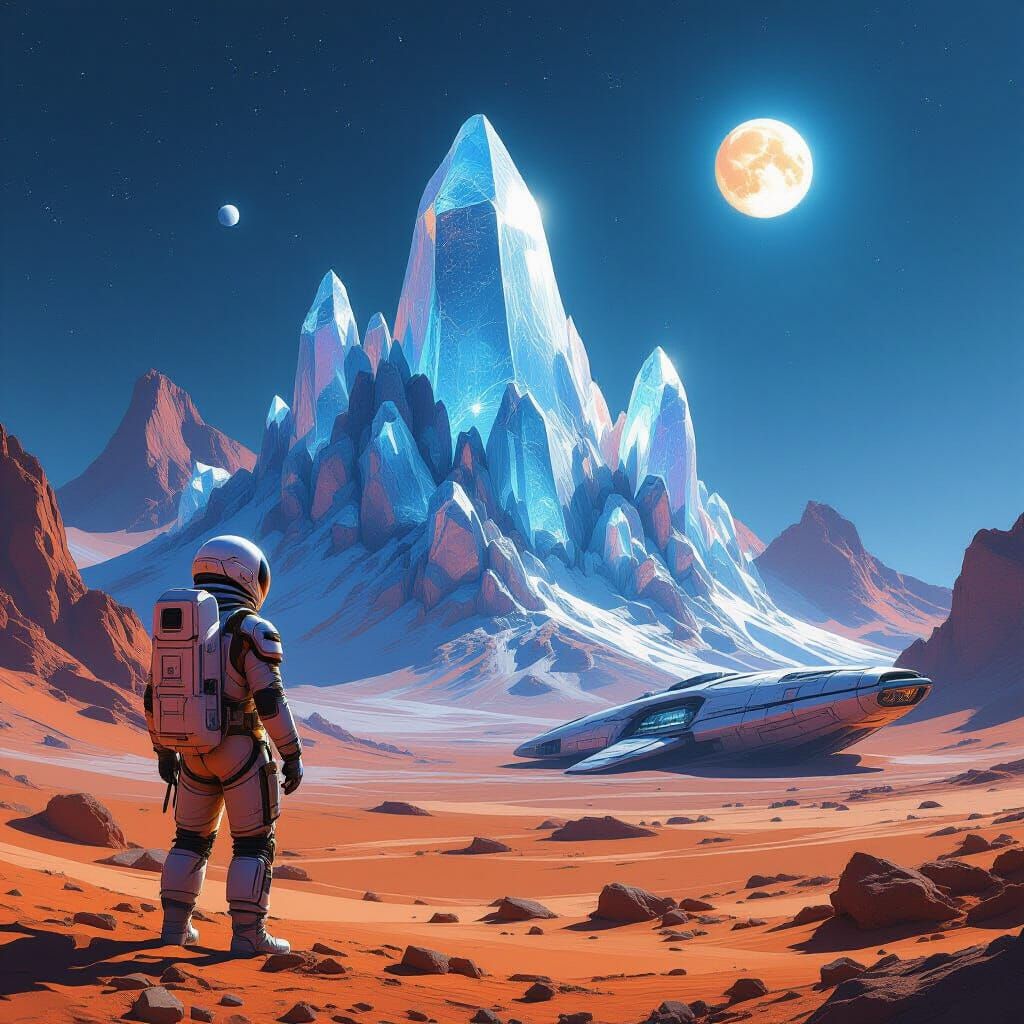 Astronaut on Alien Planet Gazes at Crystal Mountains