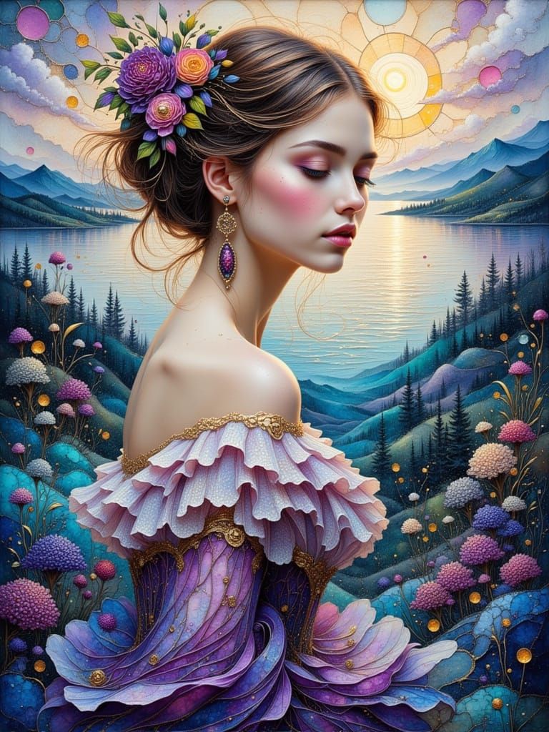 Whimsical Woman in Mystical Landscape, Impasto Oil Painting