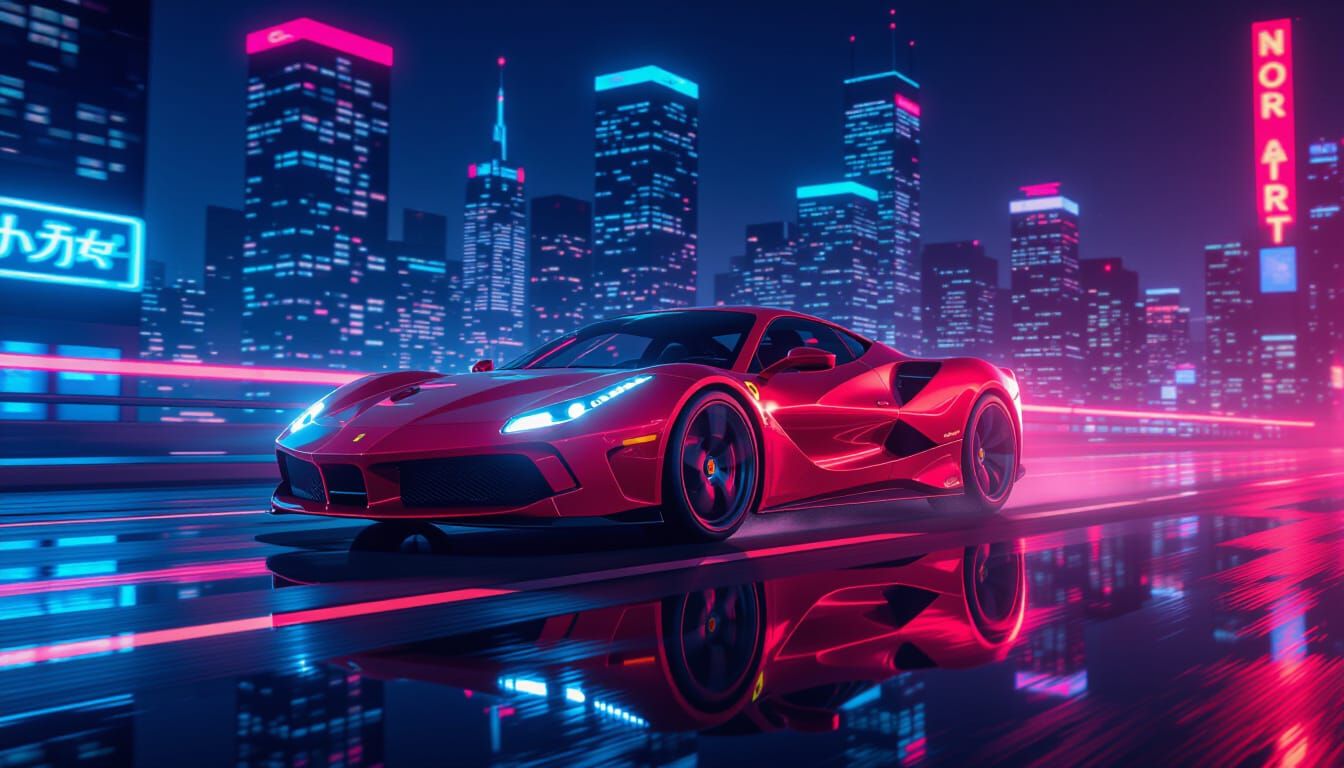 Ferrari Speeds Through Neon City at Night